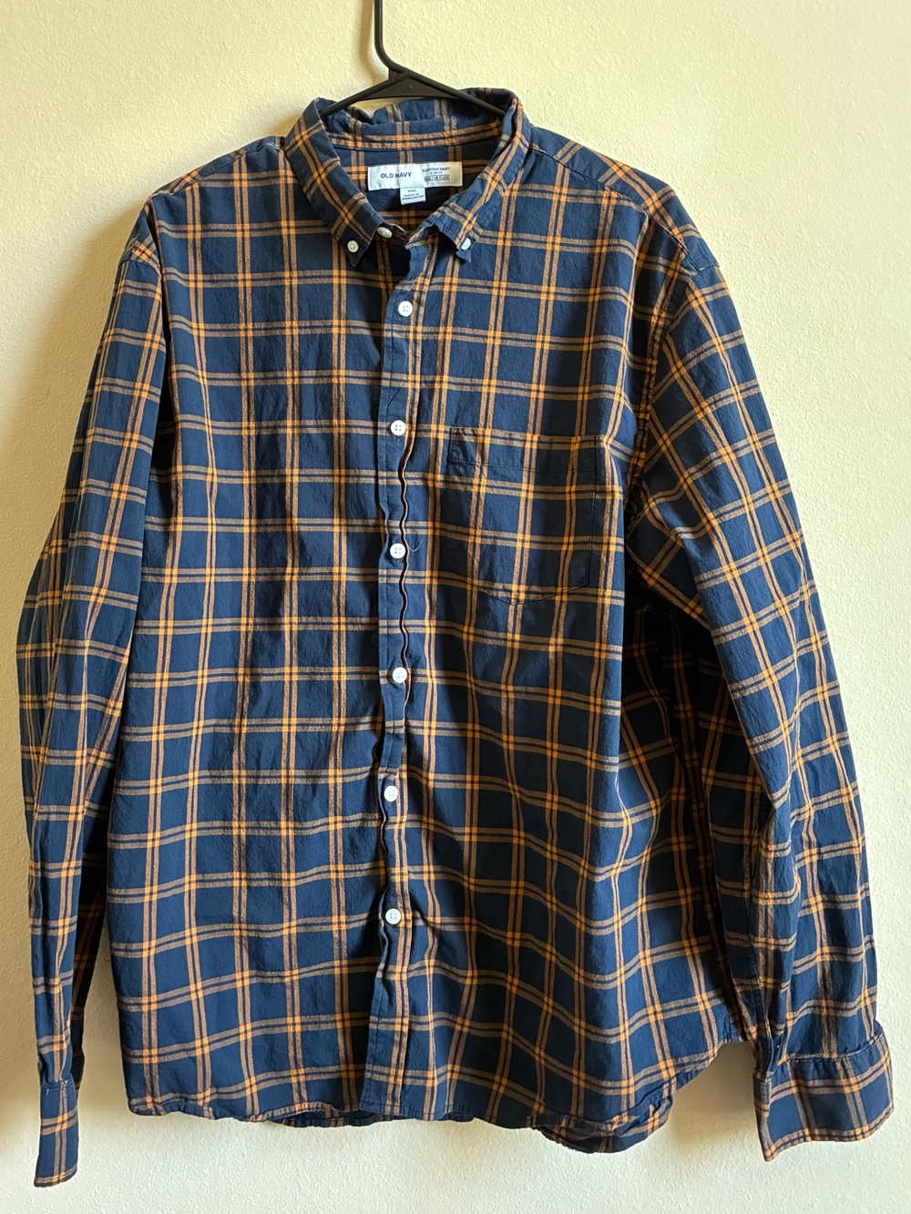 Old Navy Men’s Button-Down Shirt - Navy with Orange Plaid - XXL
